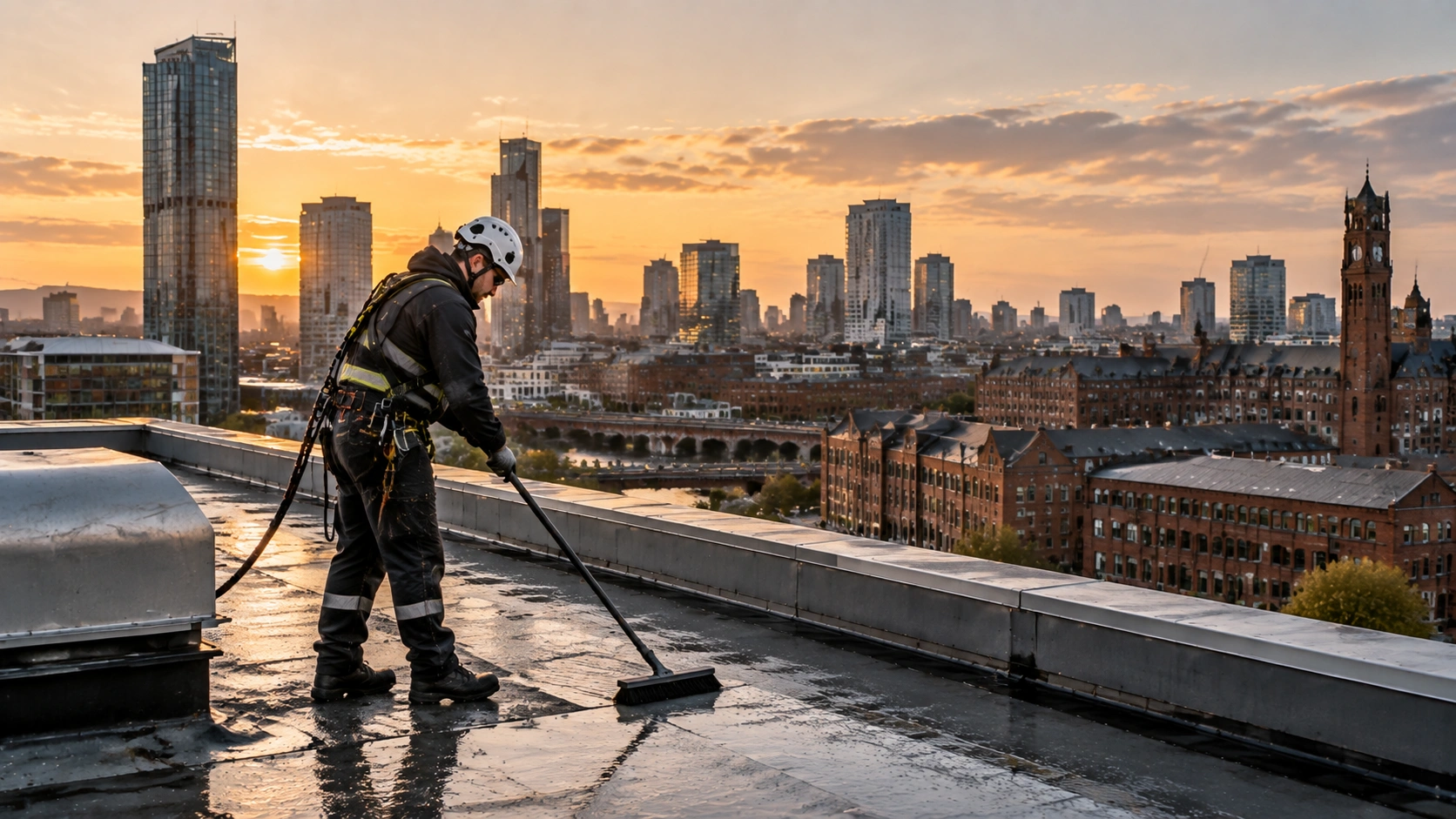Technician in helmet and harness cleaning and inspecting a flat commercial roof with Salford's glass buildings and brick warehouses behind