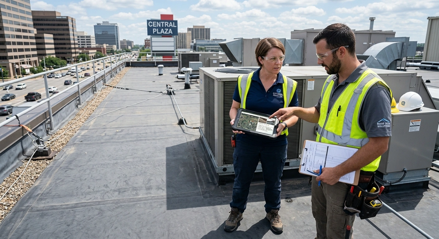 Facilities manager and technician reviewing a commercial flat roof survey