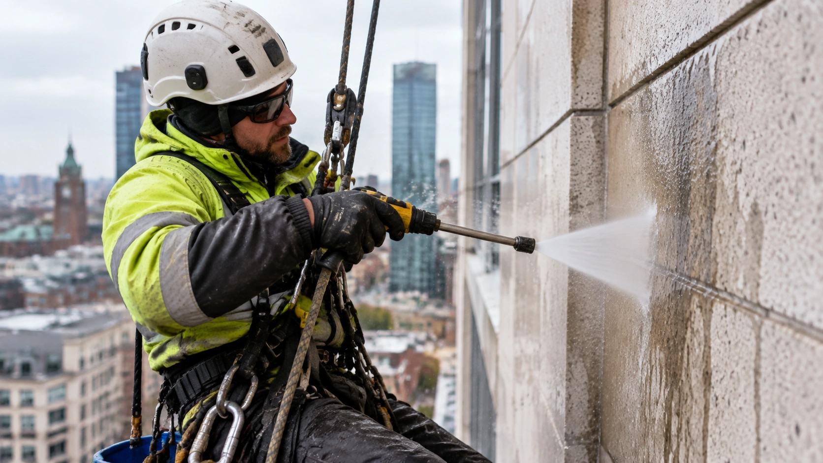 close-up image of a technician washing cladding or stonework on a building façade using rope access equipment