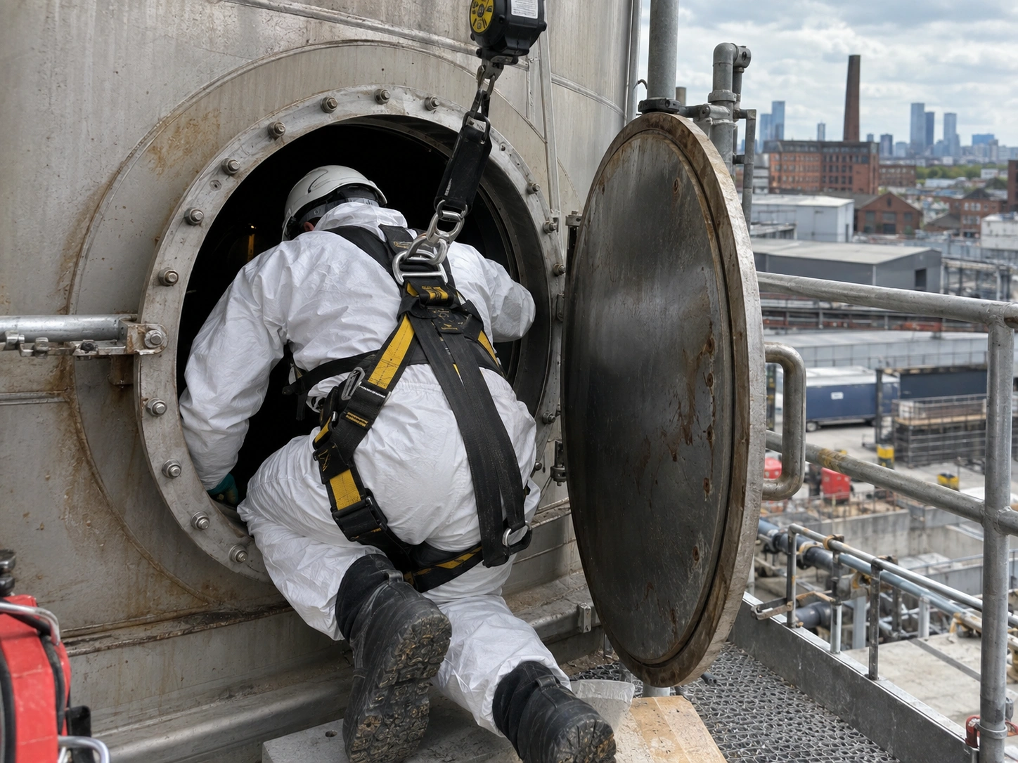 a technician in full PPE and harness entering a confined industrial space via a tank or duct access point