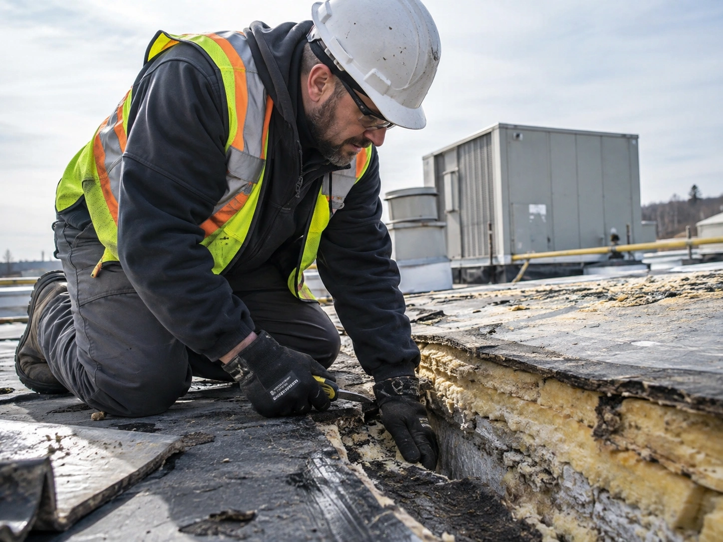 a photo-realistic close-up image of a technician examining roof deck condition or insulation during a survey