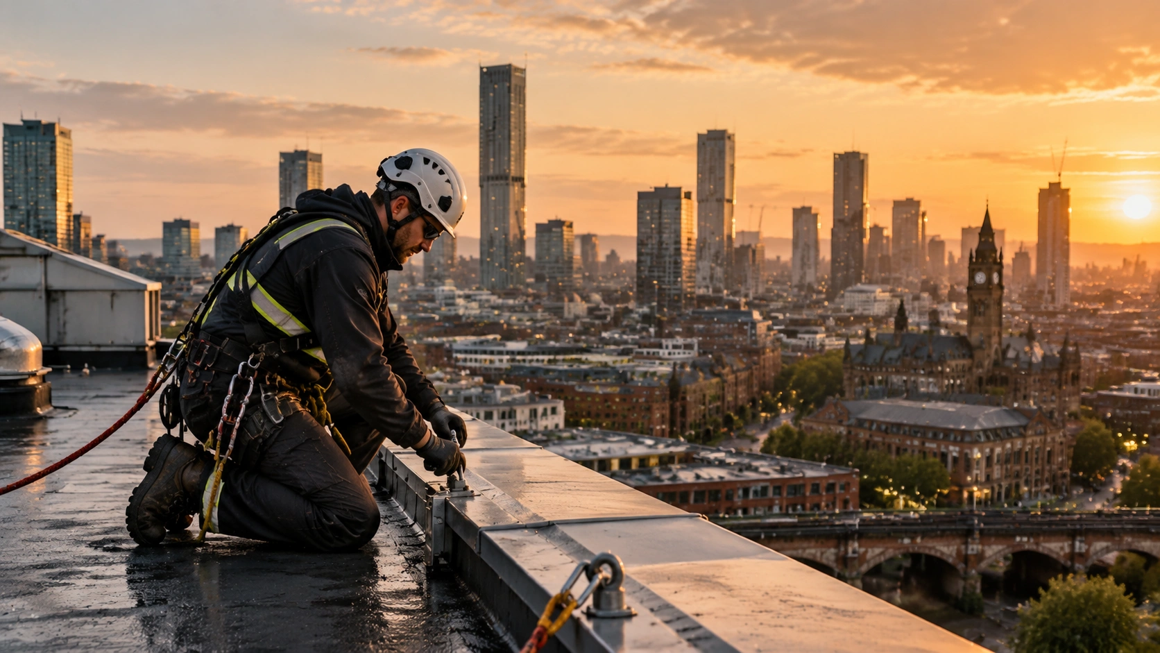 Rope access technician in helmet and harness working on a rooftop edge at sunset with the Manchester skyline behind