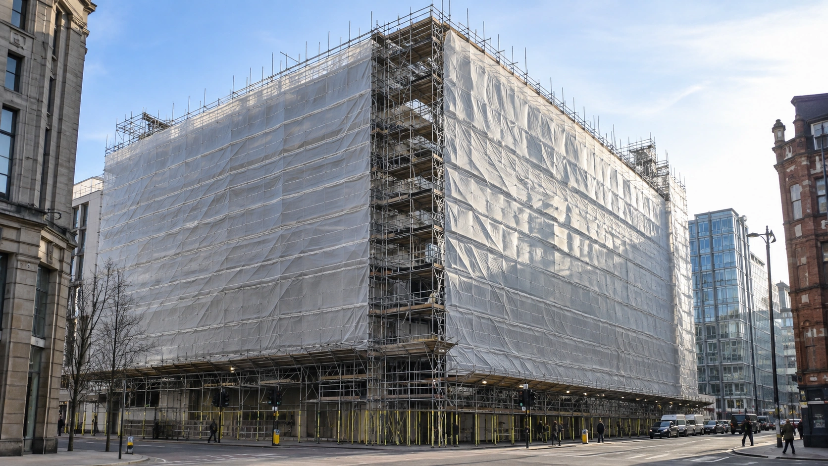 large commercial or industrial building fully wrapped in encapsulation sheeting, with scaffolding visible