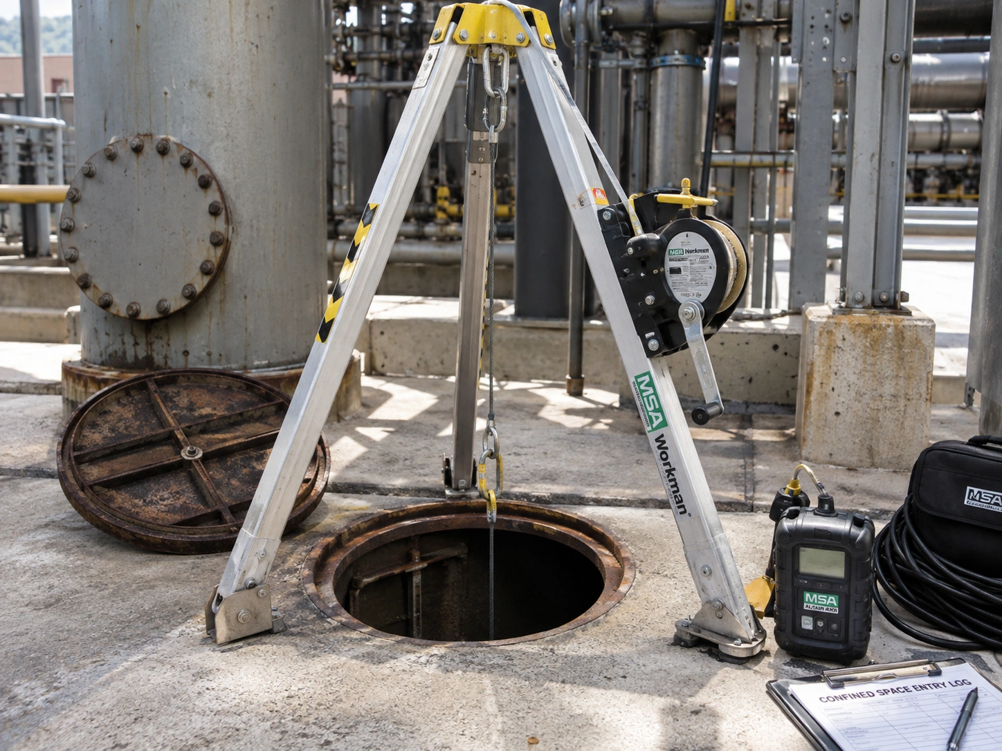 confined space entry equipment (a tripod and winch system, gas monitor) set up at an access point