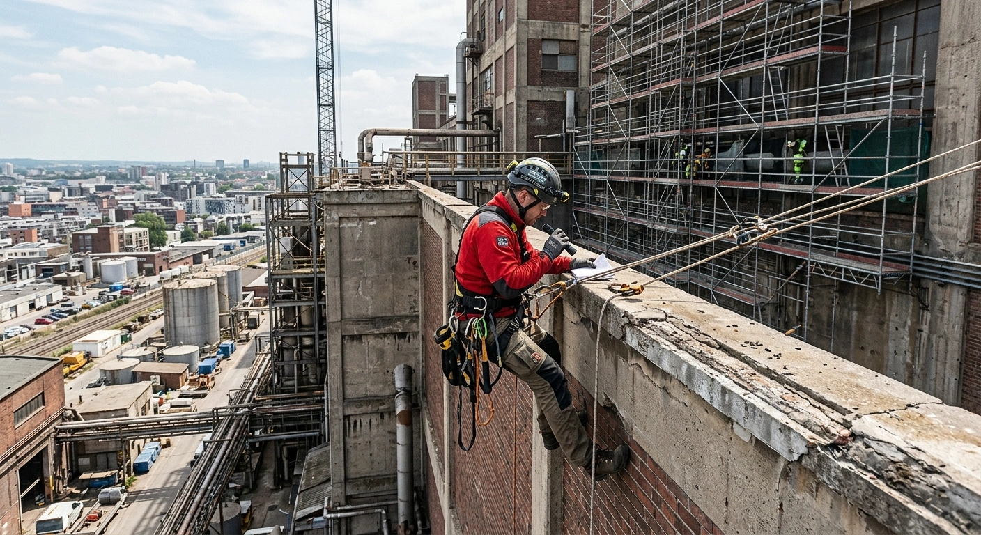 Rope-access technician inspecting a parapet during a commercial roof replacement project