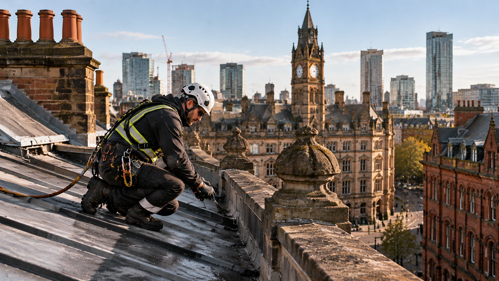 Rope access technician carrying out roof maintenance on a Victorian commercial building with the city skyline behind