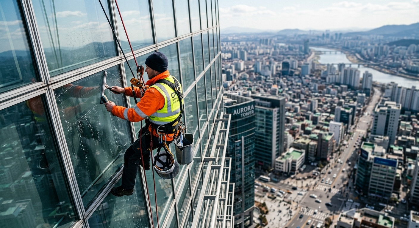 A high-angle photograph of a male rope access window cleaner in safety gear—orange jacket, high-vis vest, beanie, and harness—working on a glass skyscraper exterior, cityscape in the blurred background, daylight, photorealistic.