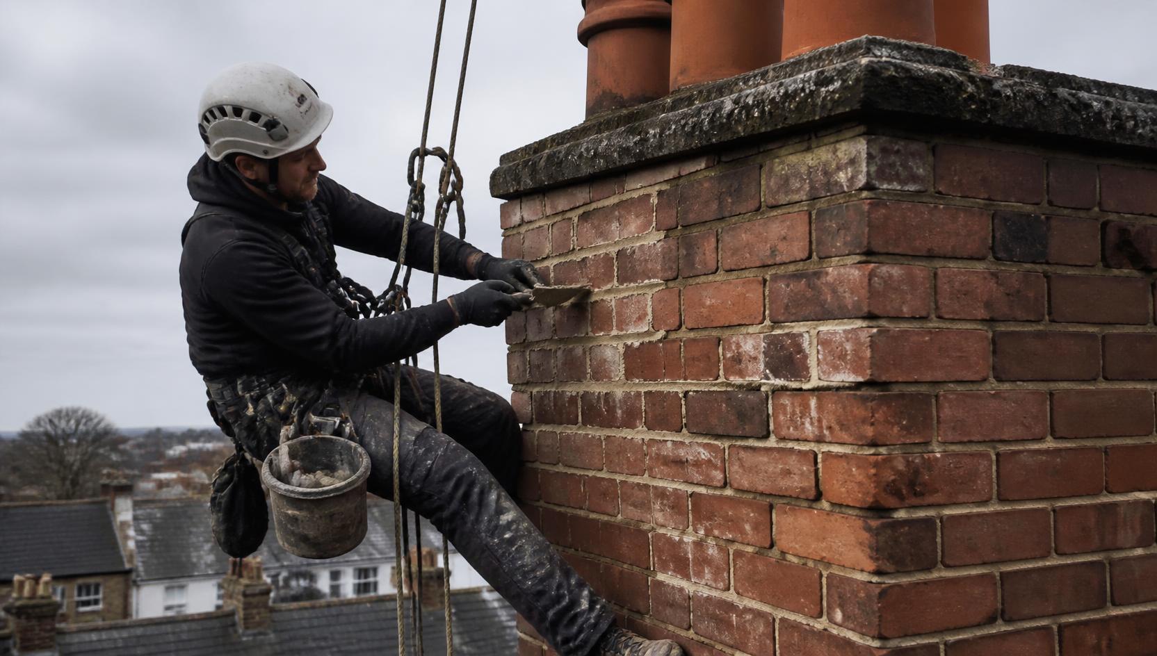 Technician using rope access to carry out chimney repair work on an older brick chimney stack