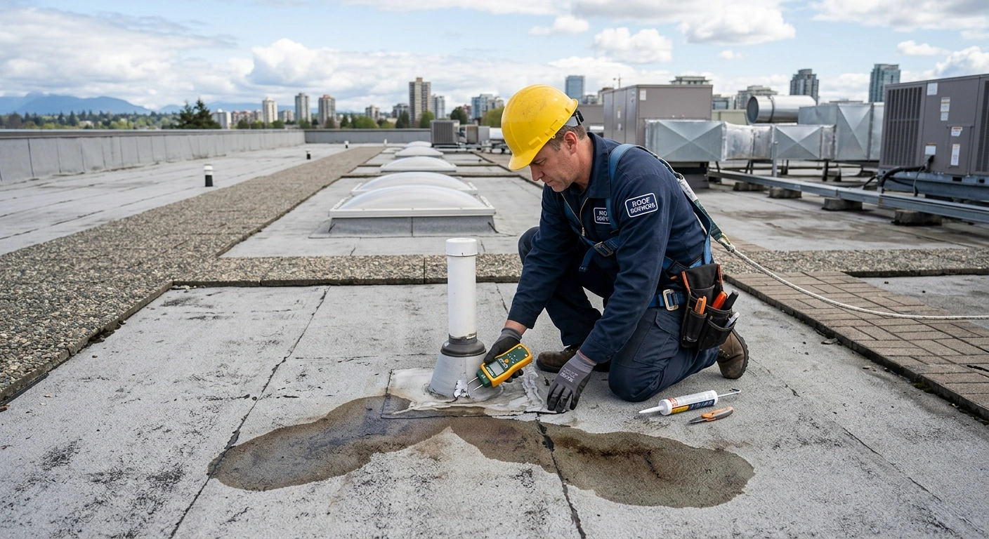 Technician investigating a suspected leak source on a commercial flat roof