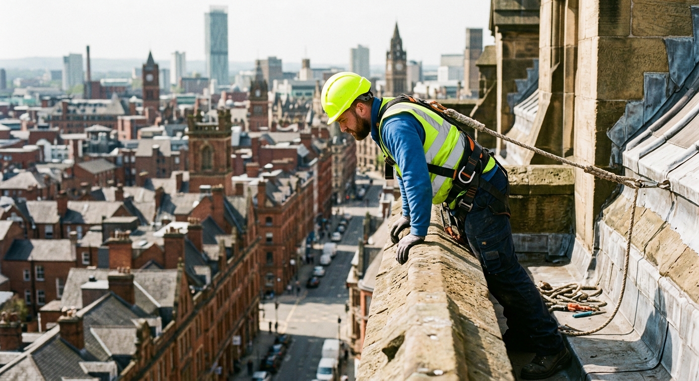 Steeplejack in high-vis and harness inspecting stone parapet high above Manchester rooftops