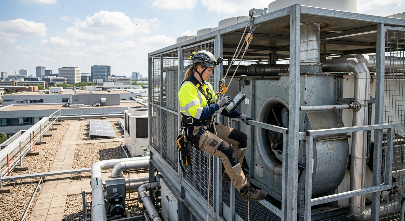 Rope-access technician surveying a rooftop plant enclosure ahead of a roof refurbishment
