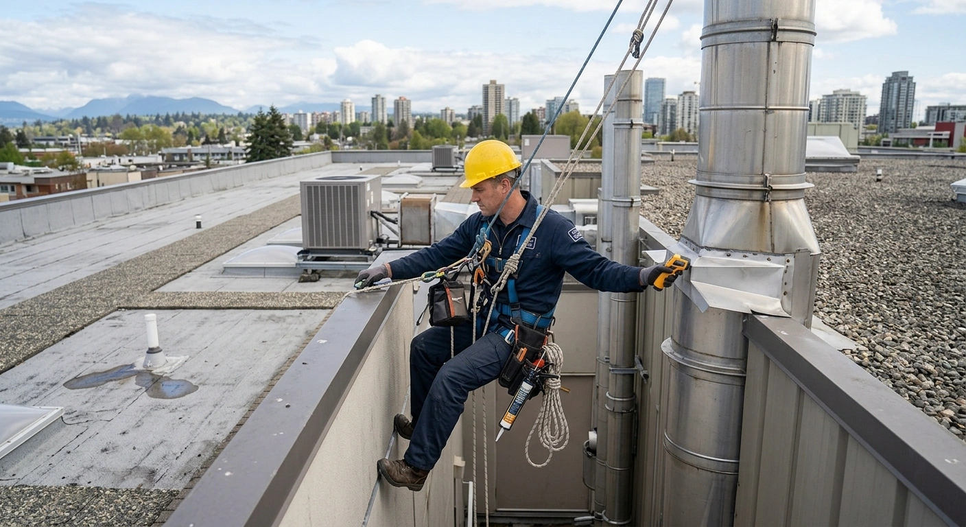 Rope-access technician inspecting flashing near a tall stack for a hidden roof leak