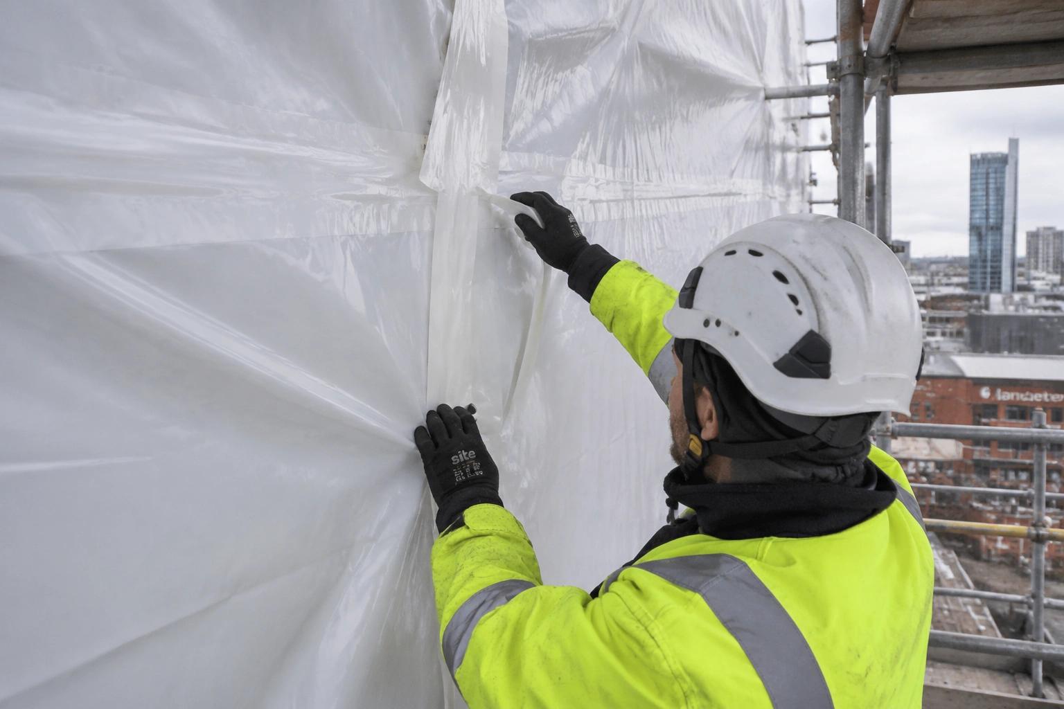 encapsulation sheeting being fitted and sealed on a building section