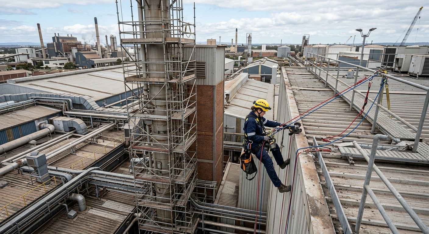 Rope access and scaffolding both in use during a commercial roof access assessment