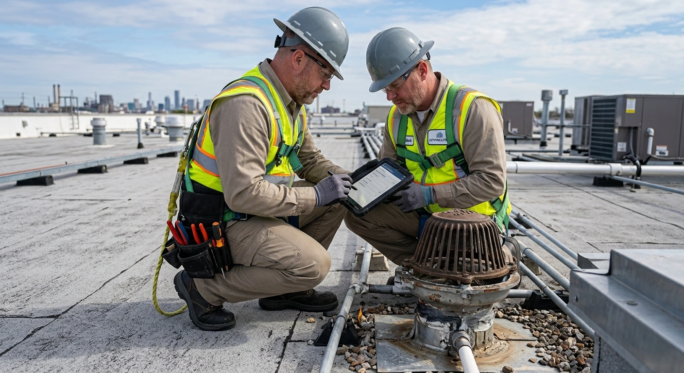Facilities technician carrying out a scheduled inspection of a commercial roof drainage outlet