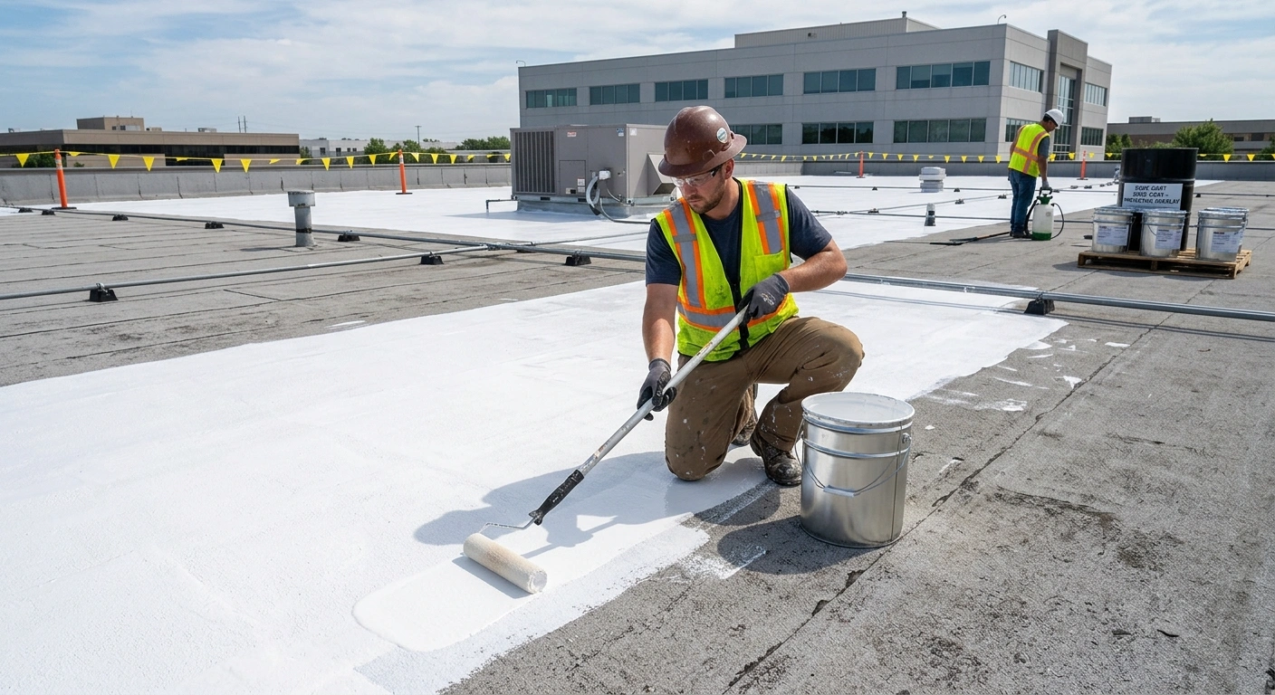 Applying a protective overlay coating during a commercial roof refurbishment