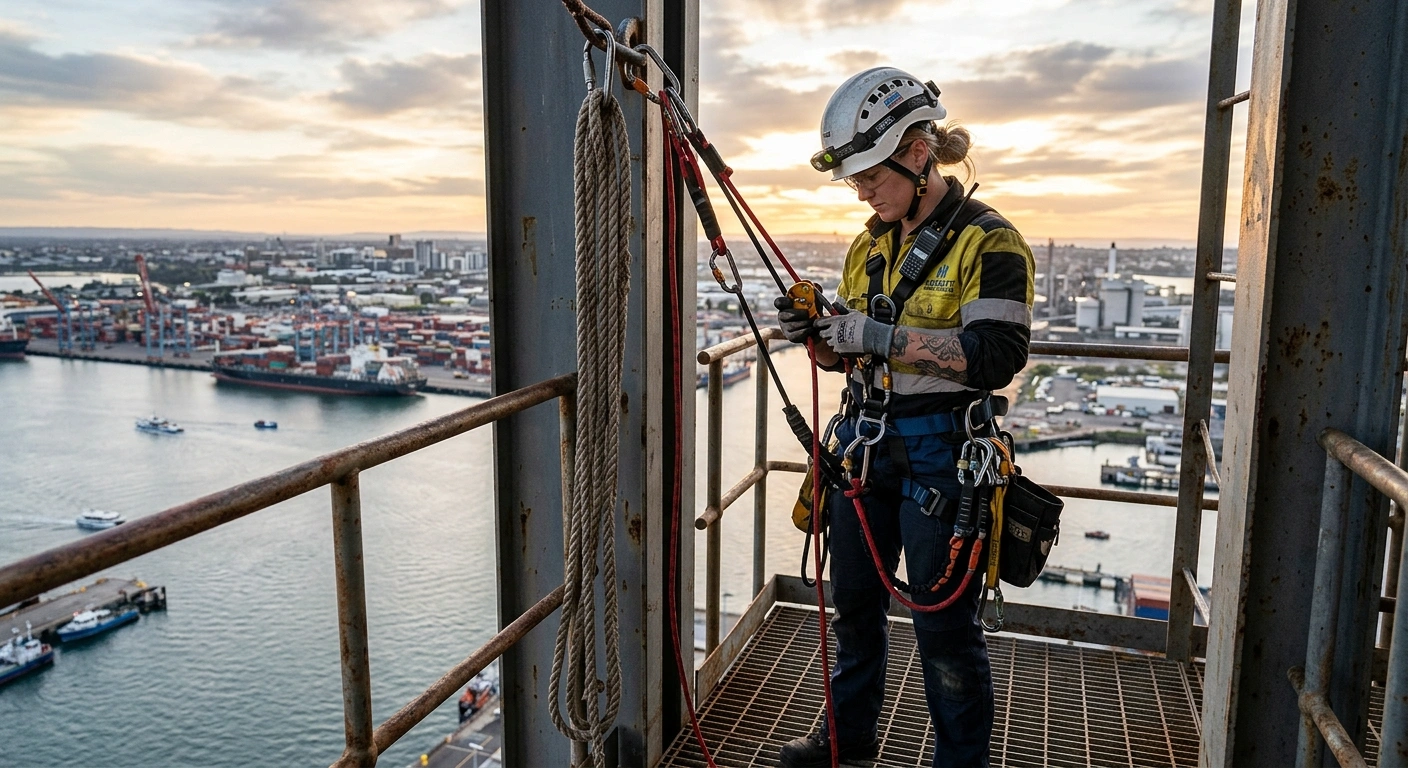 Rope access technician checking safety harness and equipment before ascent