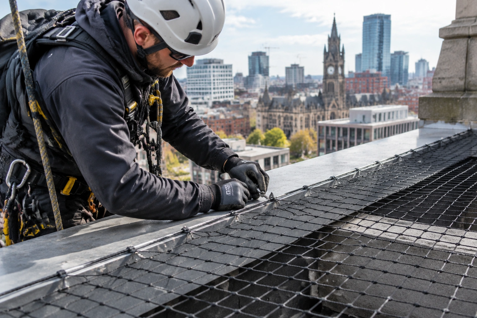 anti-bird netting being fitted and tensioned on a ledge or roof void