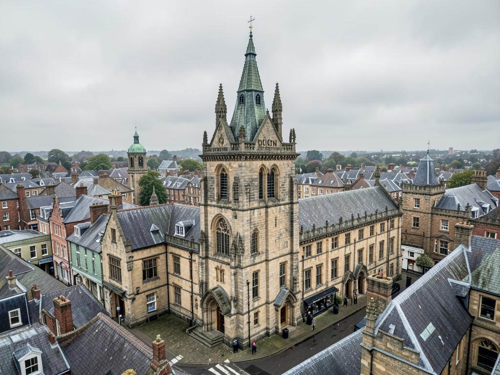 Bolton town centre with Victorian stone buildings and rooftops