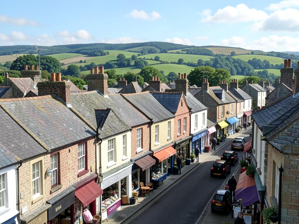 Bury town street with terraced rooftops and hills behind