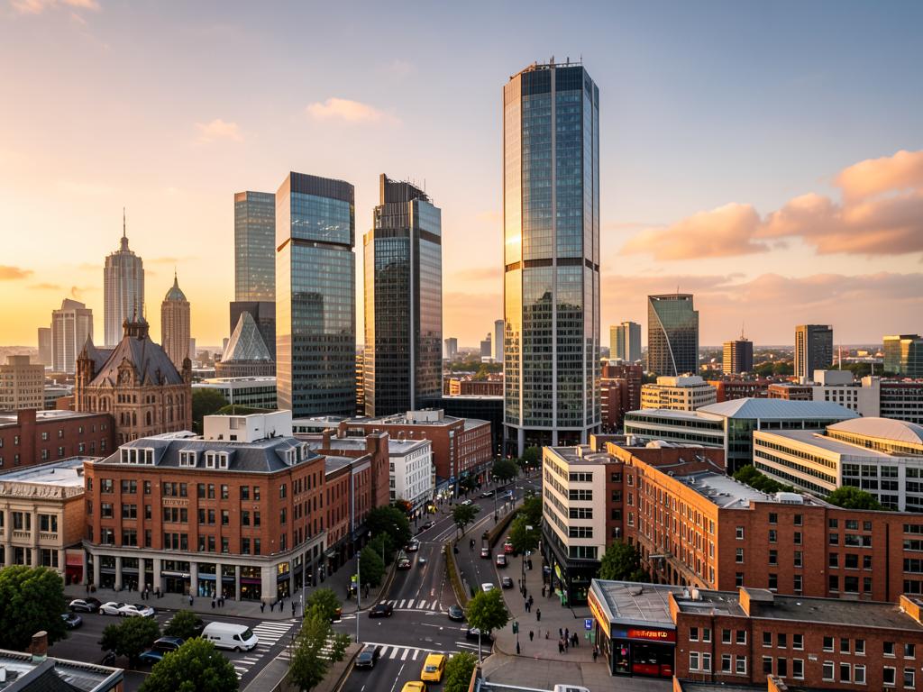 Manchester city centre skyline with modern towers and brick buildings