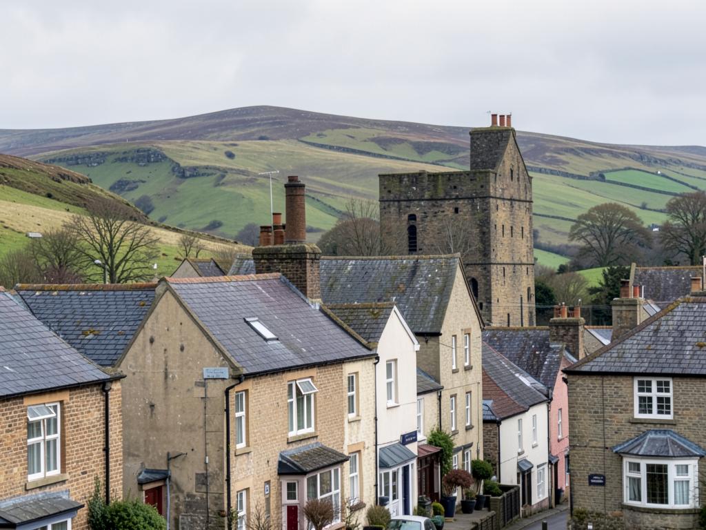 Oldham hillside townscape with stone terraces and a mill tower