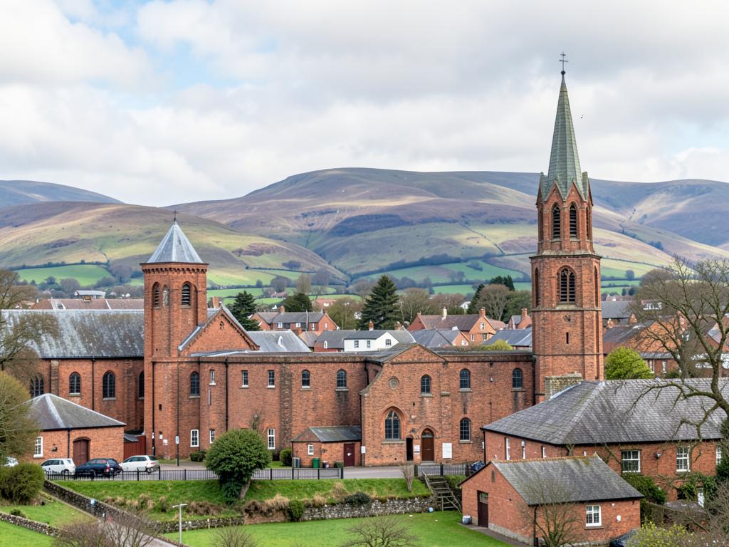 Tameside brick church tower and mills with Pennine hills behind