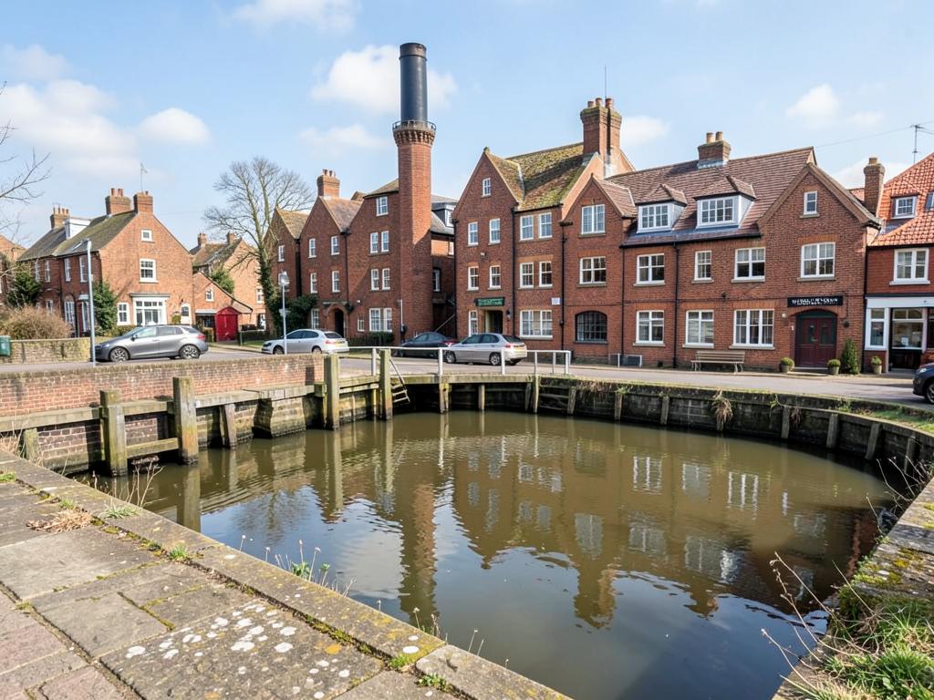 Wigan canal basin with red brick mill buildings