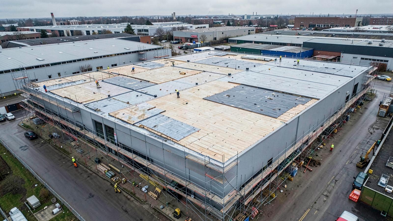 Aerial view of a commercial warehouse roof undergoing phased replacement