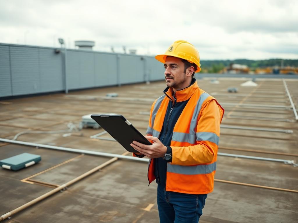 Surveyor in hi-vis inspecting a large flat commercial roof with a tablet