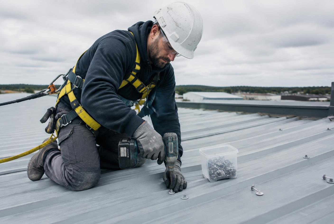 Technician repairing a failed fastener on an industrial metal roof