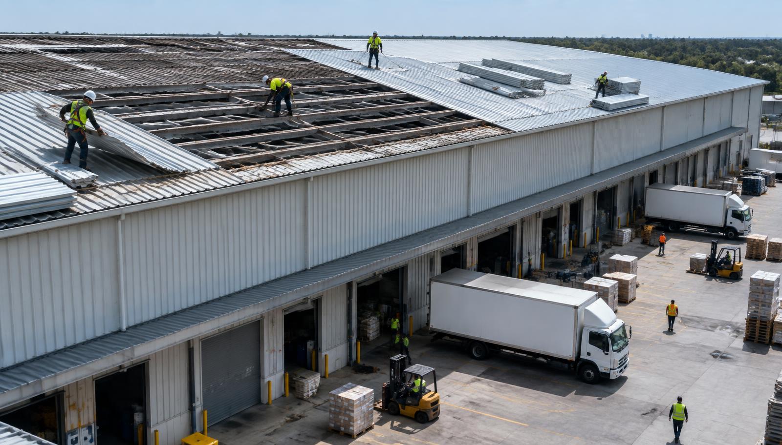 Industrial roof replacement in progress on a live, operational site