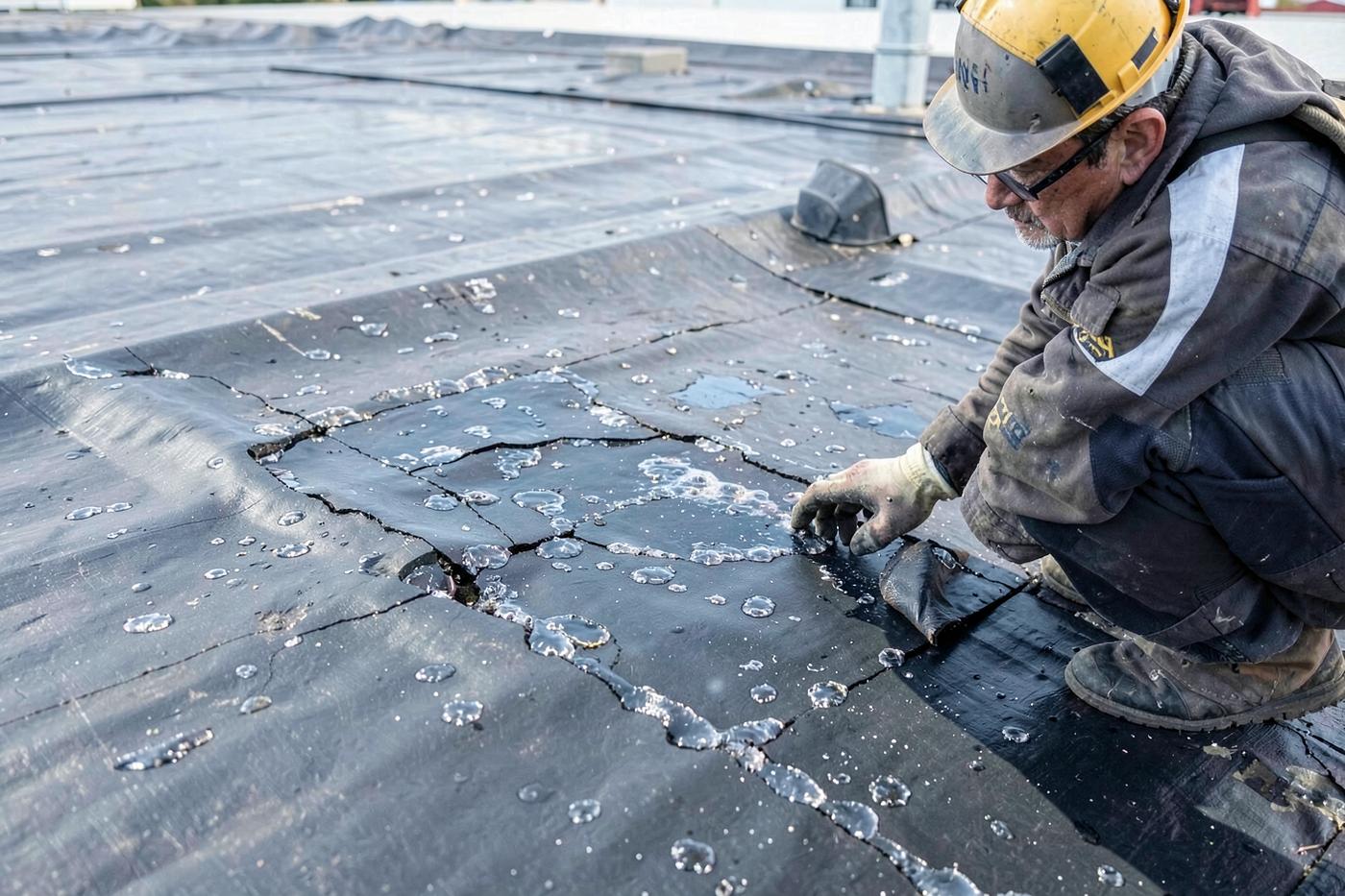 Technician assessing membrane blistering during a repair-or-replace roof survey