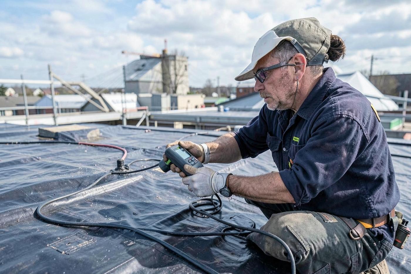 Technician using moisture detection equipment to trace a roof leak source