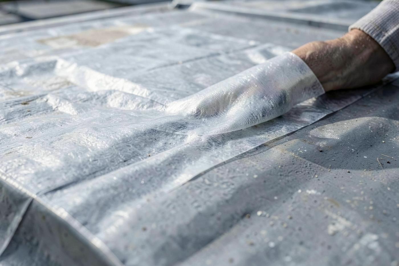 Close-up of a new overlay membrane being applied over an existing commercial roof