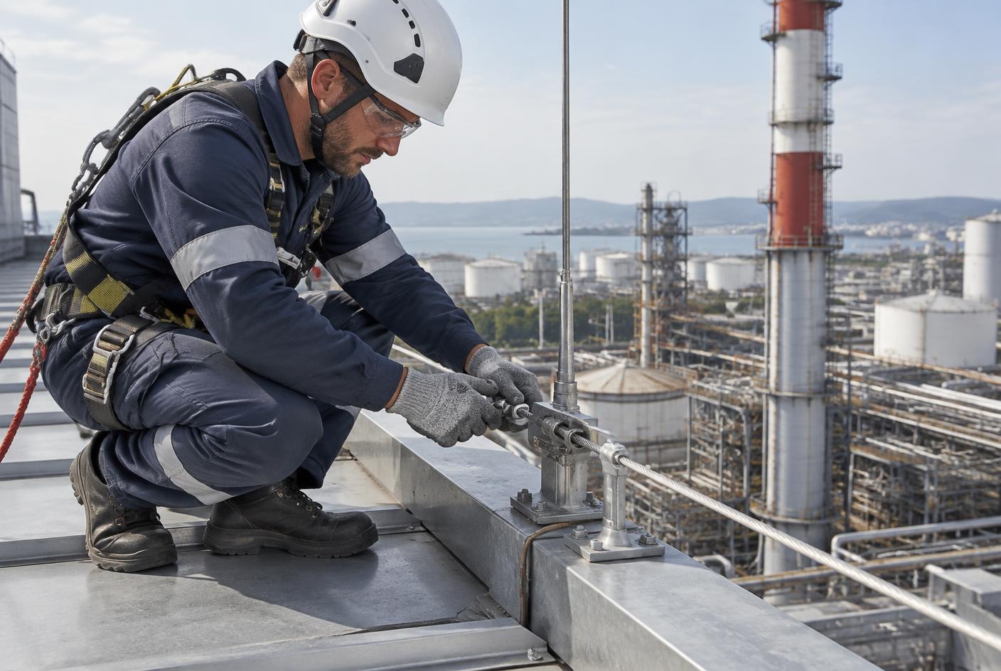 Technician inspecting lightning protection equipment at height during a shutdown