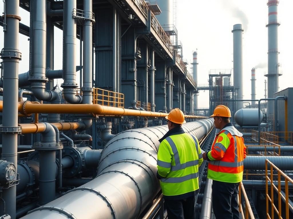 Two workers in hi-vis planning access around pipework at an industrial plant