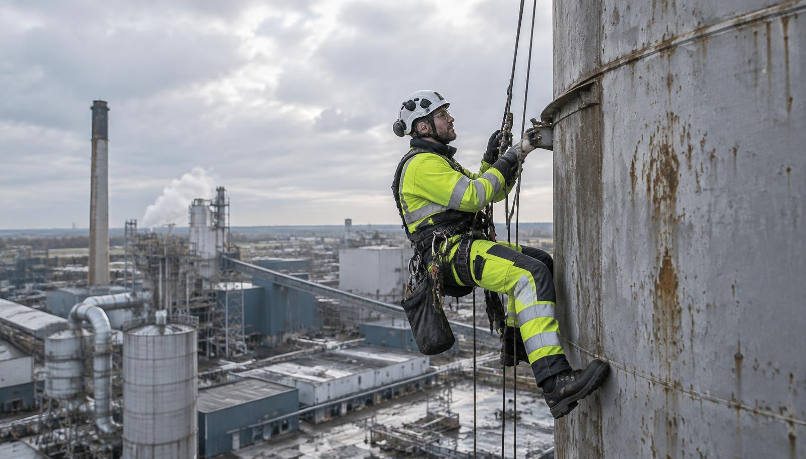 Rope-access technician working on a tall industrial stack during a plant shutdown