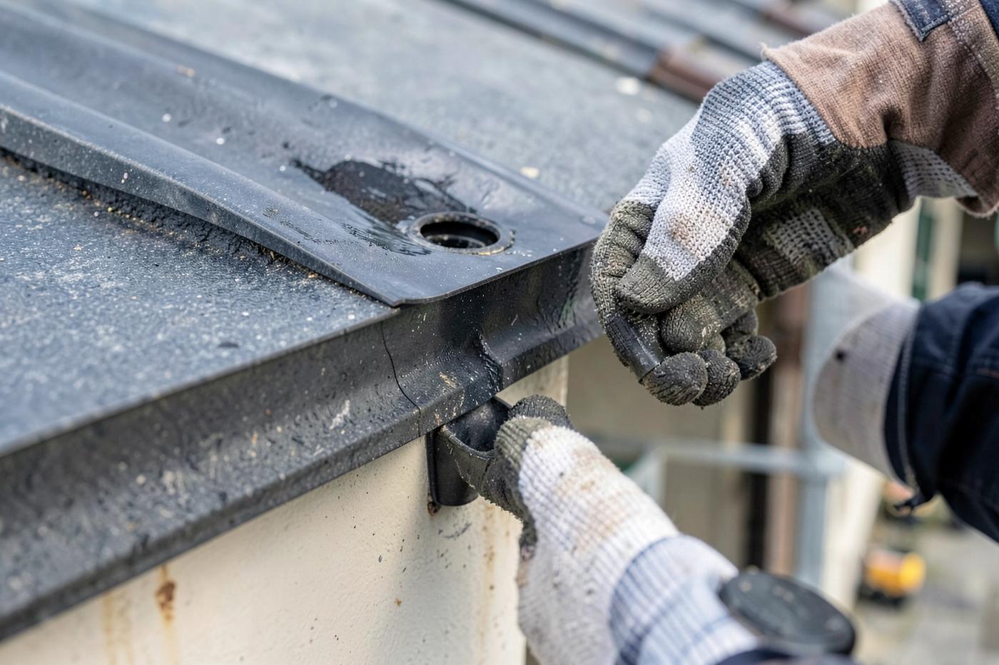 Close-up inspection of roof flashing and drainage on a commercial building