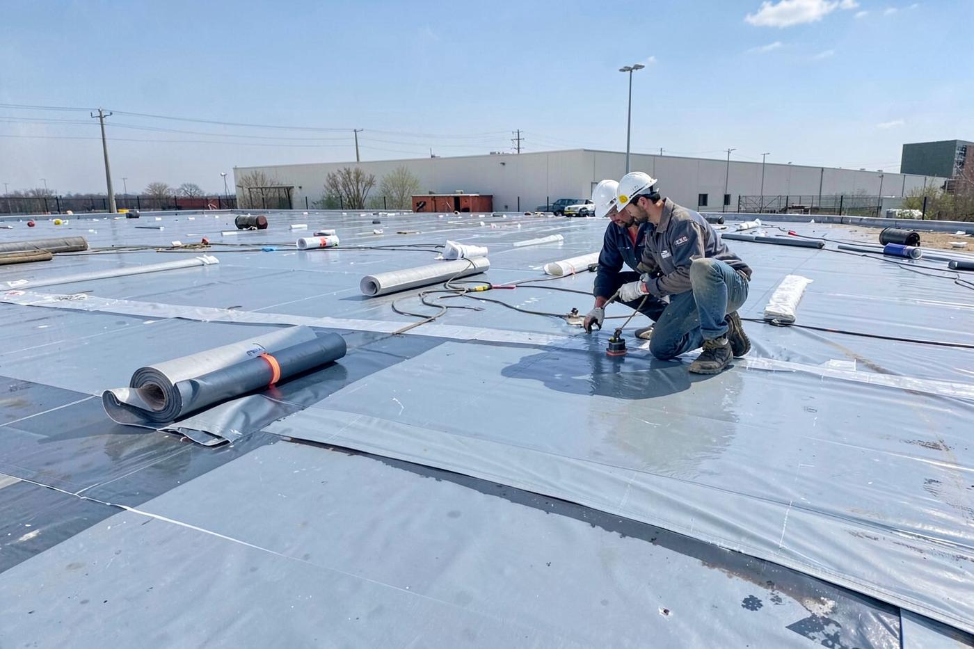 Roofing team installing a new membrane on a commercial flat roof
