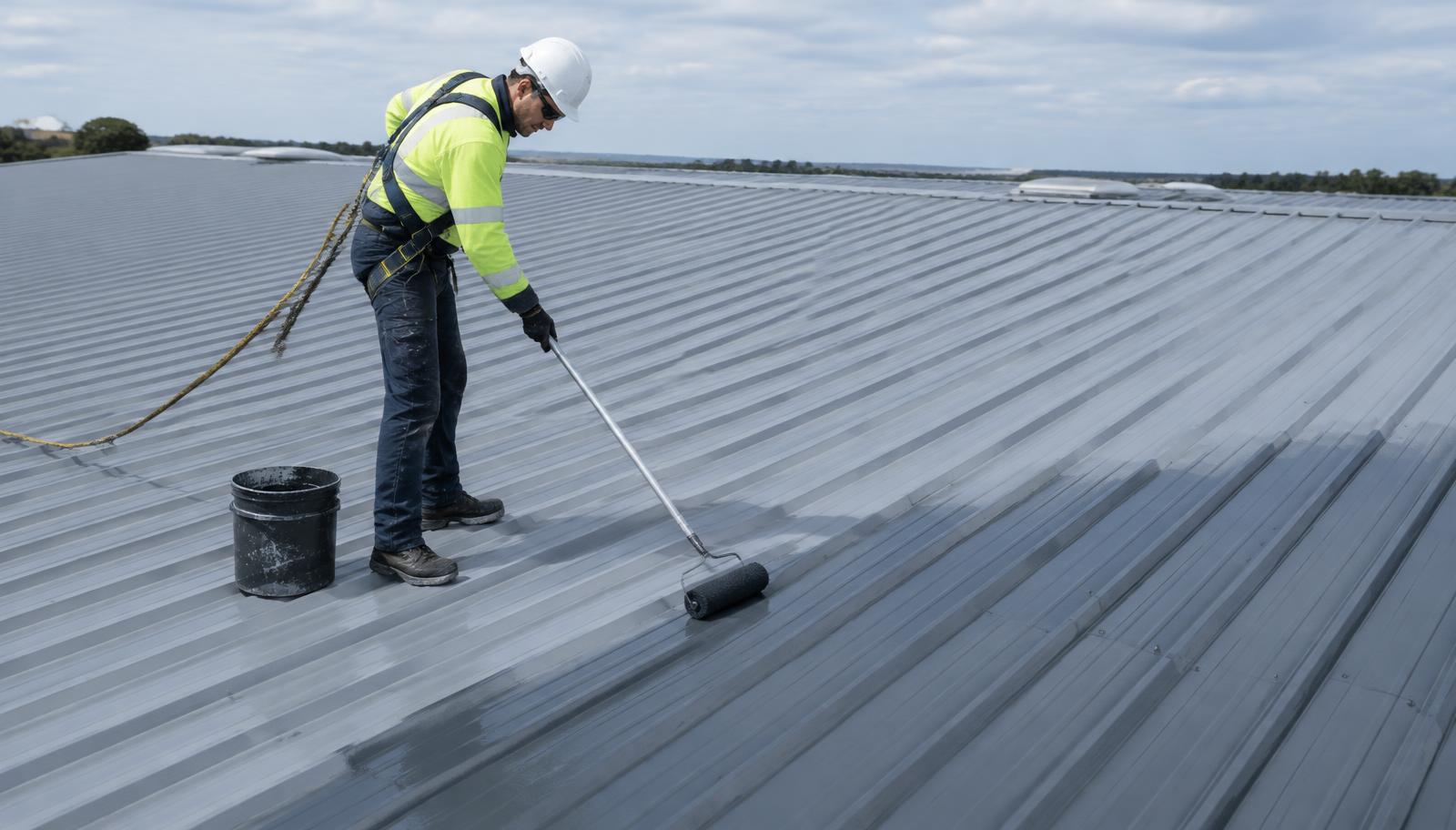 Technician applying a protective coating during an industrial roof refurbishment