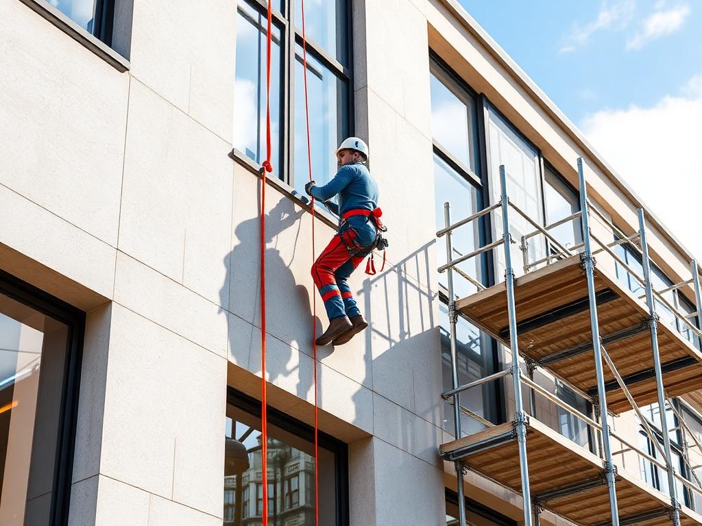 Rope access technician abseiling down a building facade next to erected scaffolding