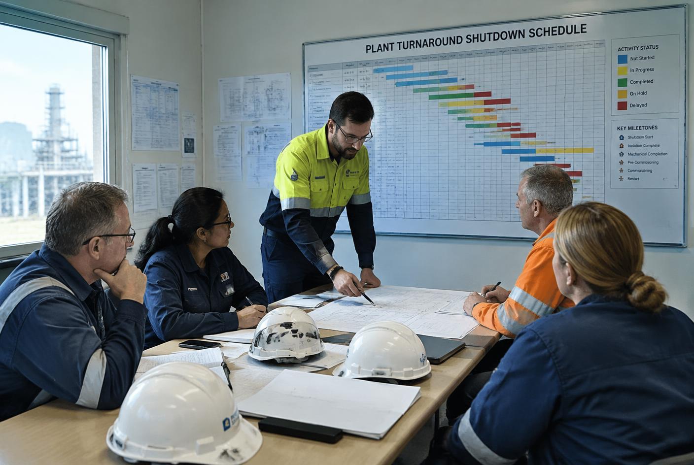 Planning team reviewing a shutdown or turnaround schedule