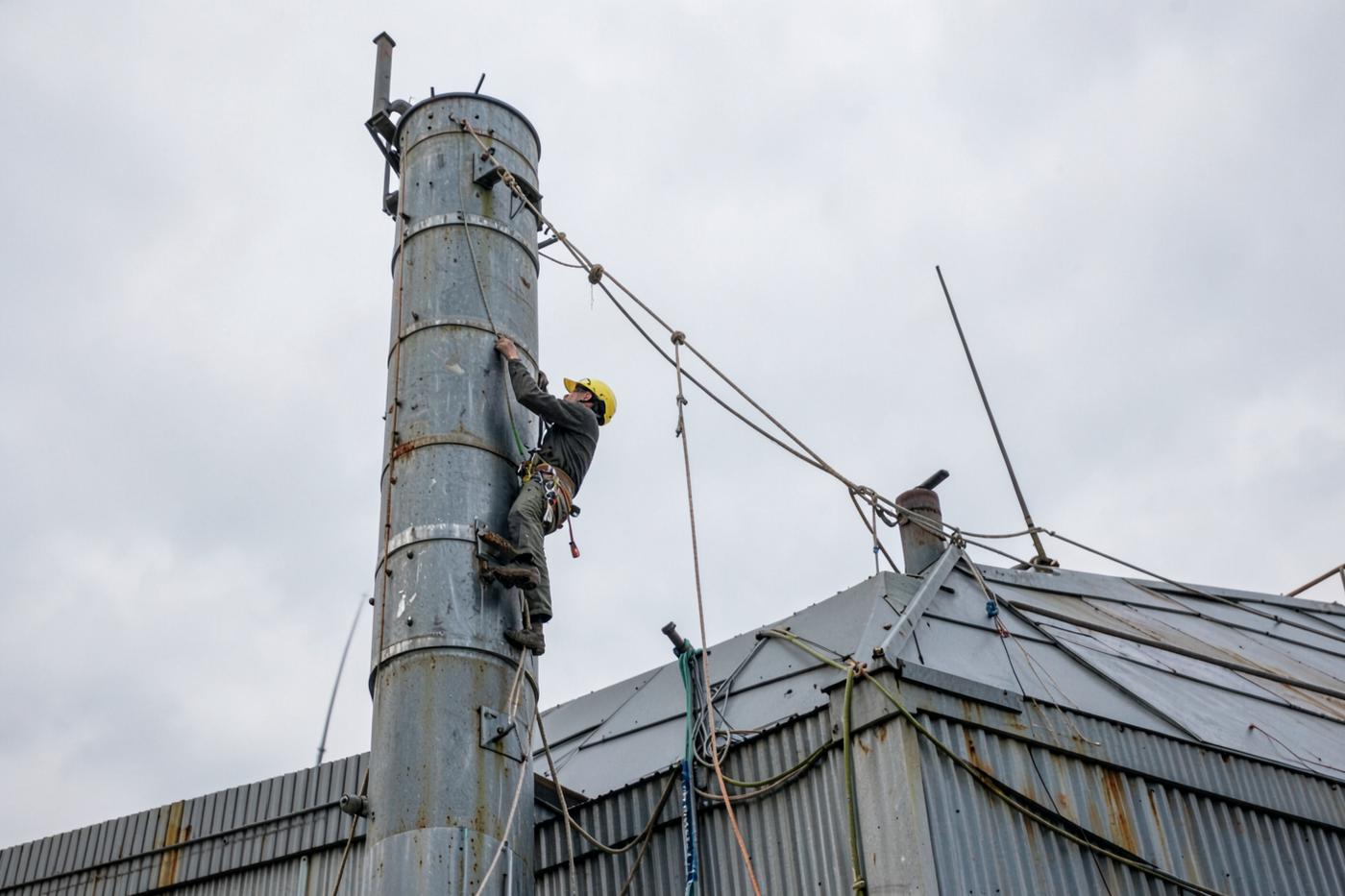 Steeplejack using rope access to inspect a tall roof stack during a maintenance visit