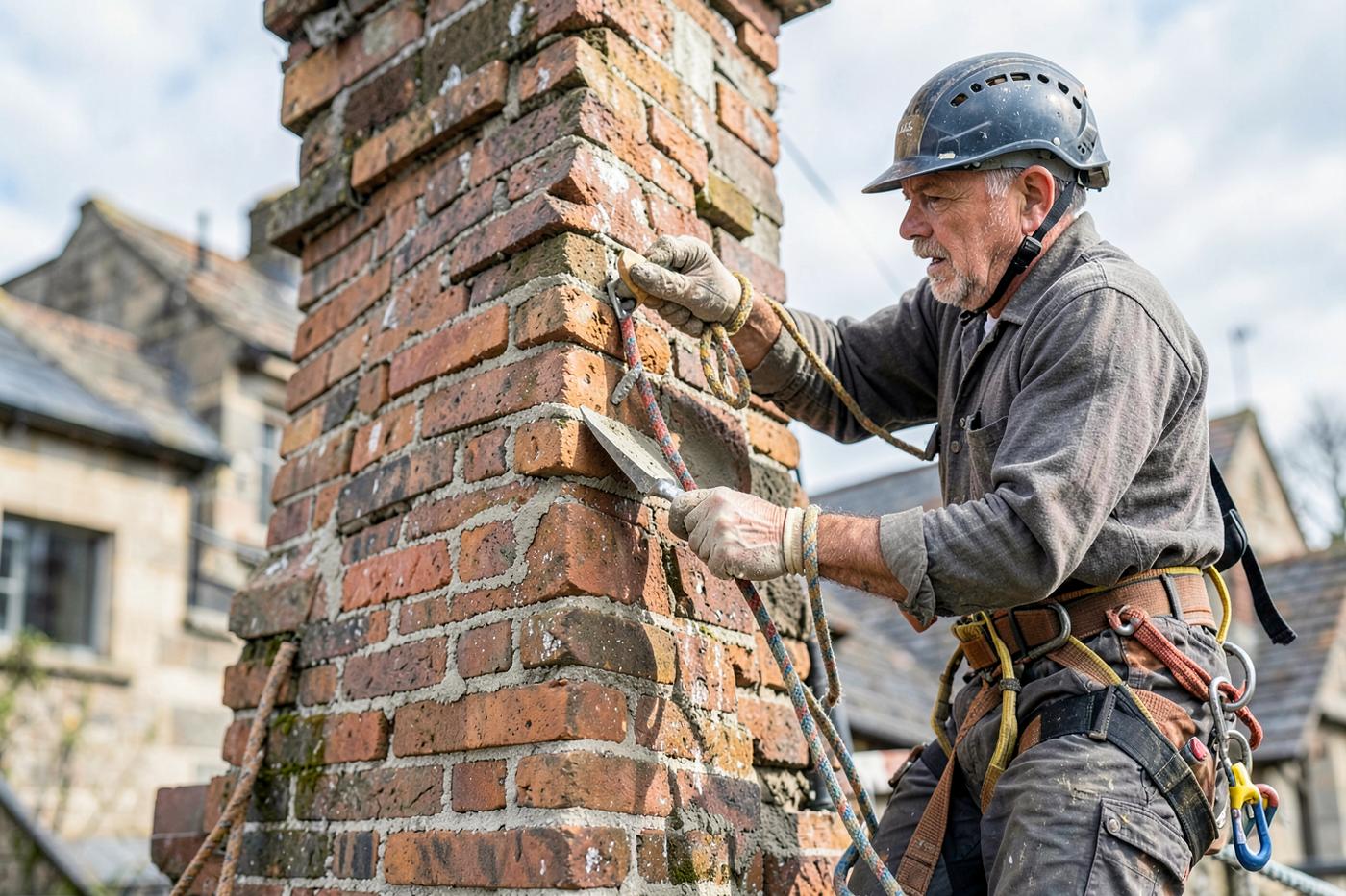 Steeplejack repointing brickwork on a chimney stack using rope access
