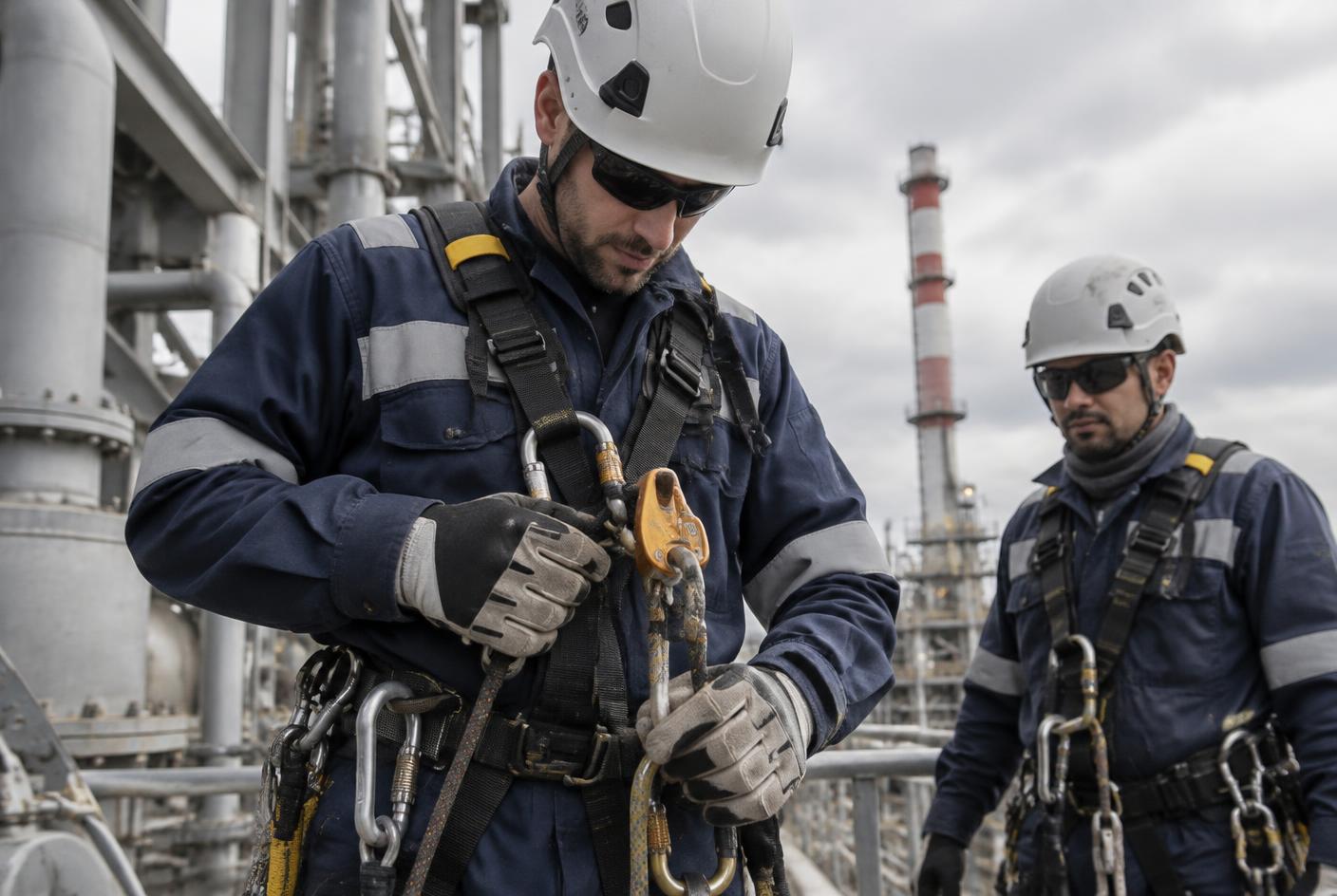 Technician checking rope access equipment before a turnaround task