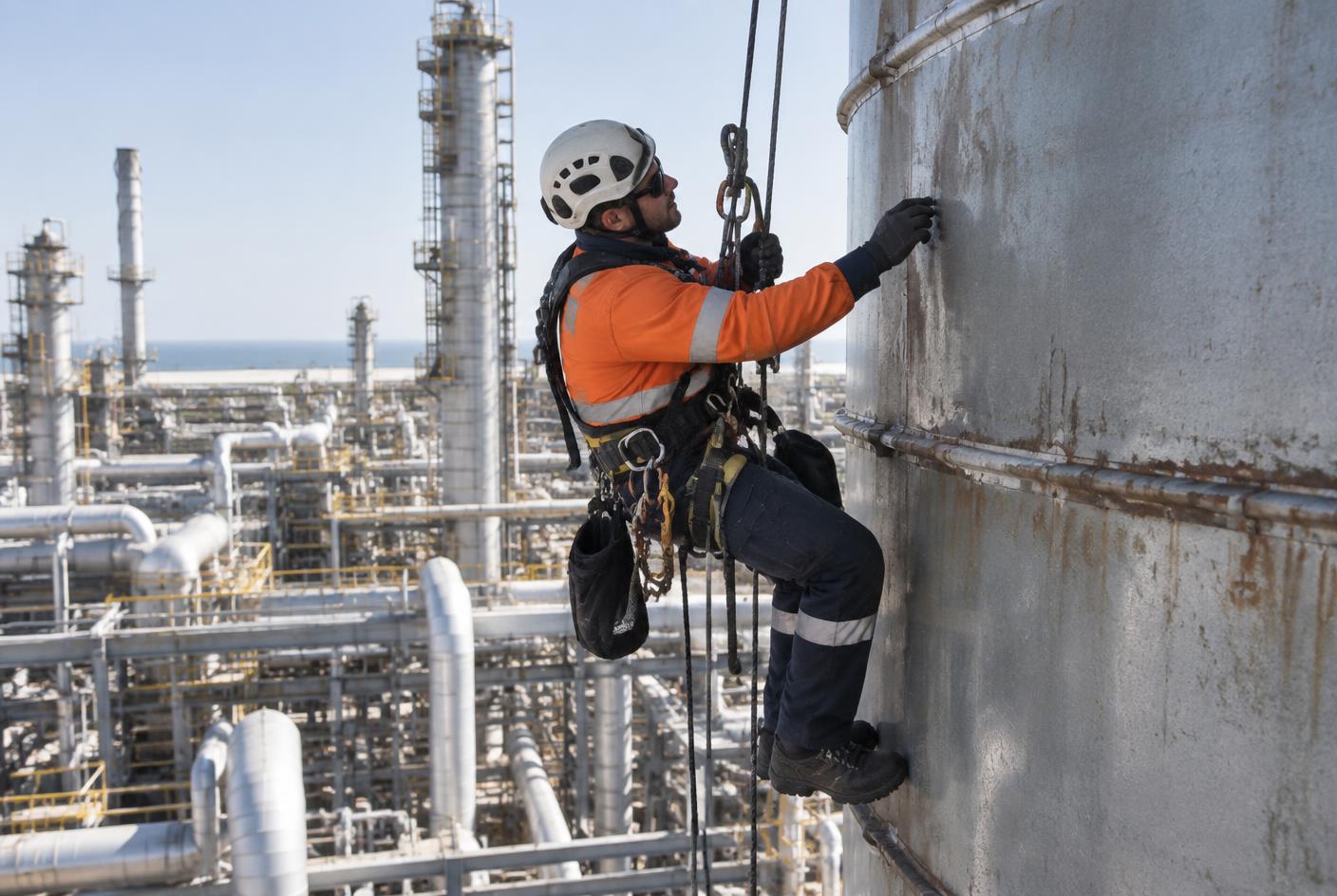 Rope-access technician inspecting a stack during a plant turnaround