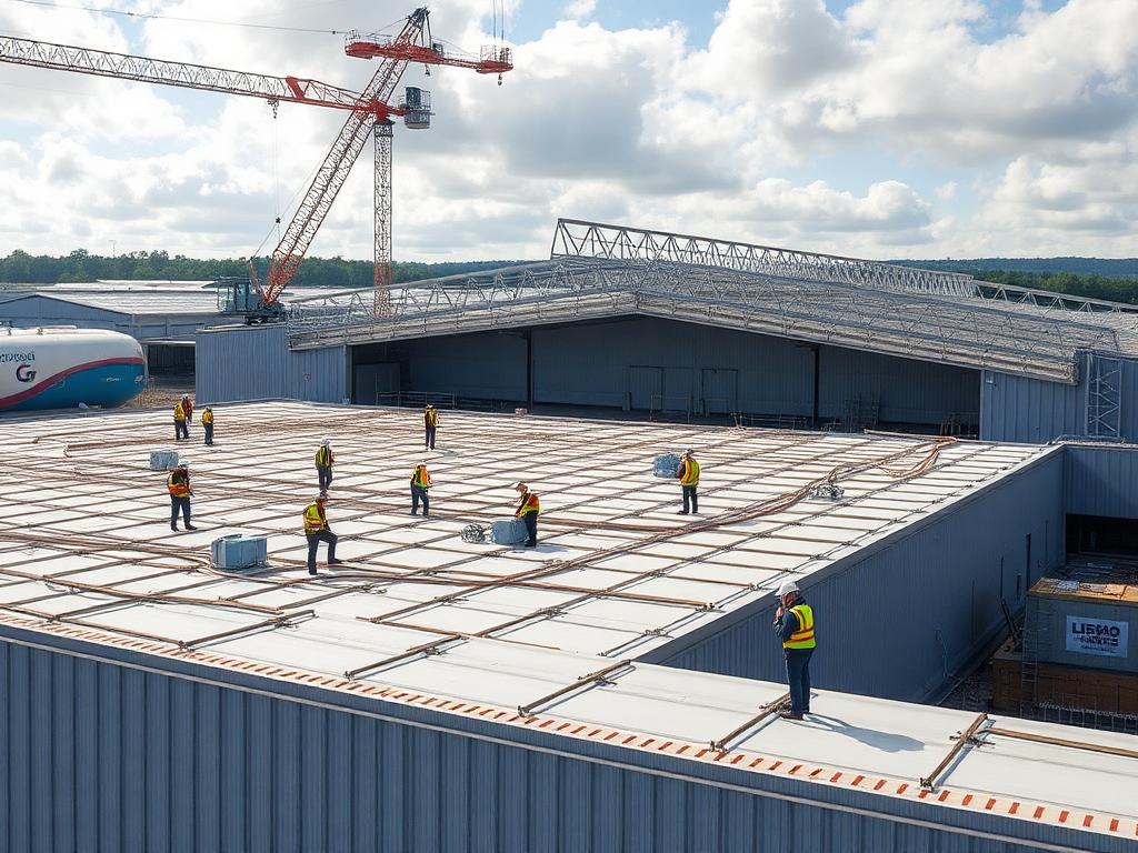 Commercial warehouse roof replacement project in progress on a UK industrial estate