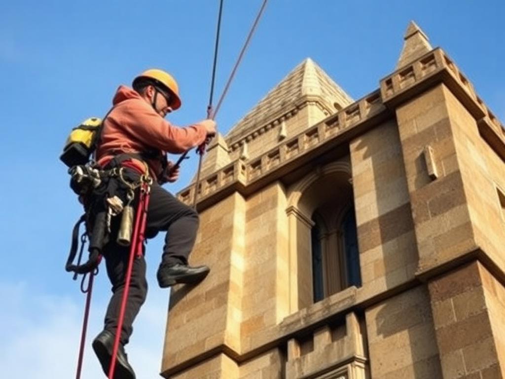 Steeplejack carrying out high-level masonry maintenance on a stone tower