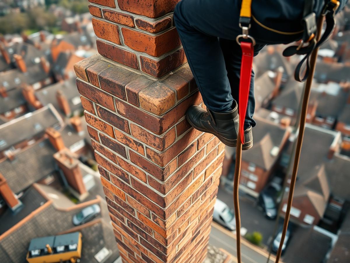 Rope access steeplejack repointing a brick chimney stack above Greater Manchester rooftops